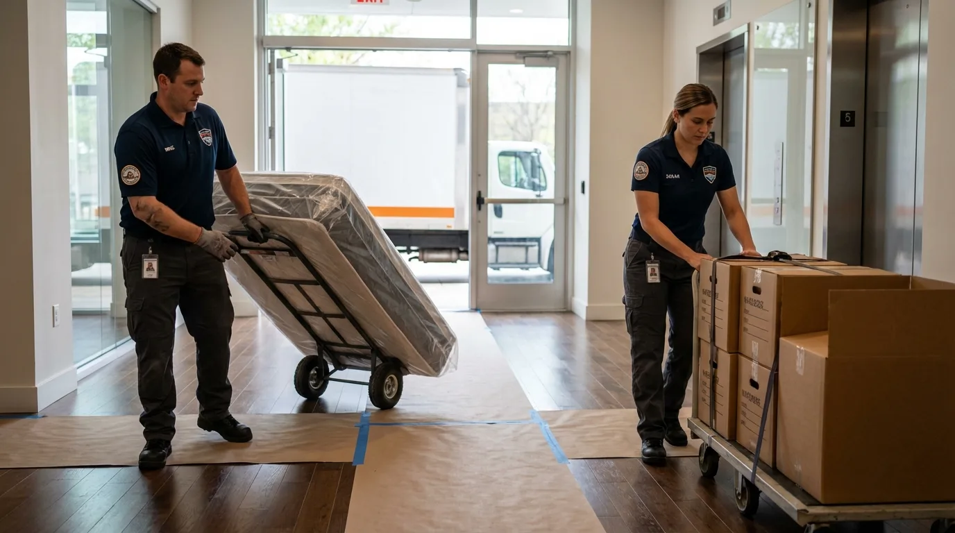Professional apartment movers loading elevator in Holbrook, AZ
